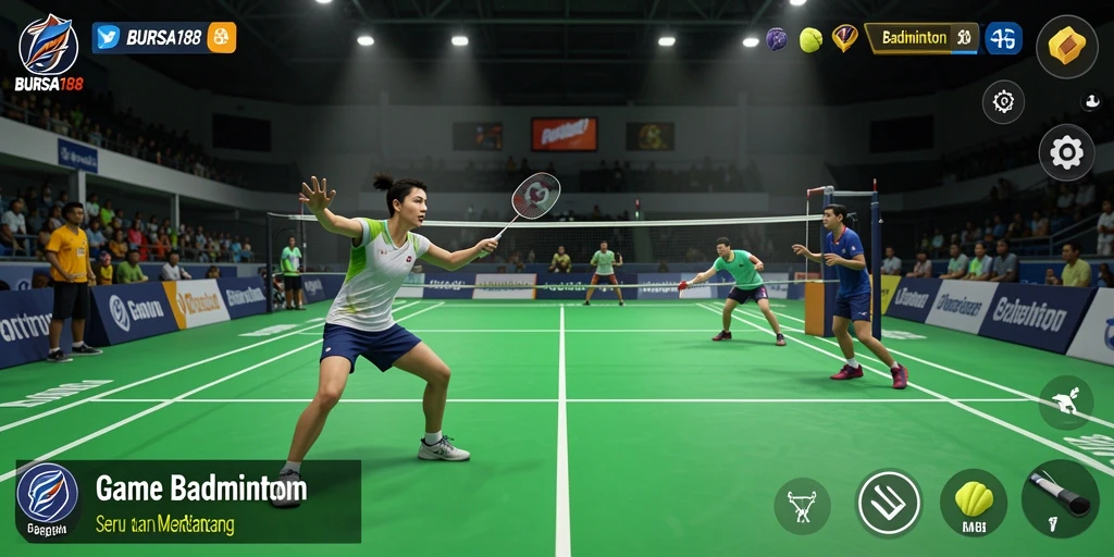 Tampilan permainan BURSA188 yang menampilkan aksi badminton yang seru.